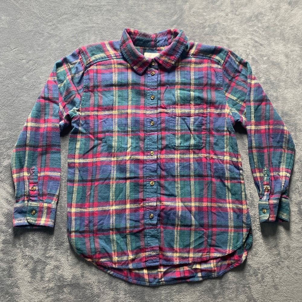 American Eagle Womens Small Boyfriend Fit Flannel Shirt Small Blue Pink Plaid